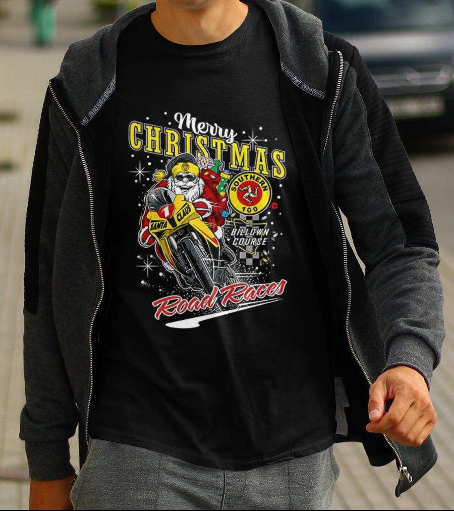 Merry Christmas Santa Claus Motorcycle Road Races Holiday T-Shirt
