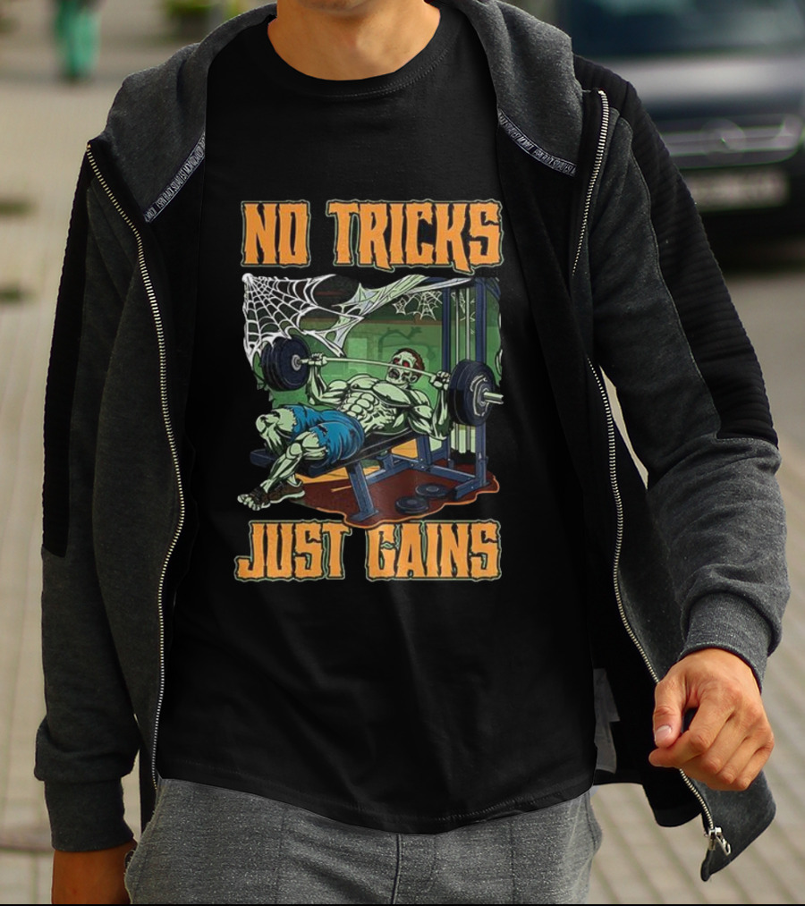 No Tricks Just Gains Halloween Zombie Bench Press Gym Fitness T-Shirt