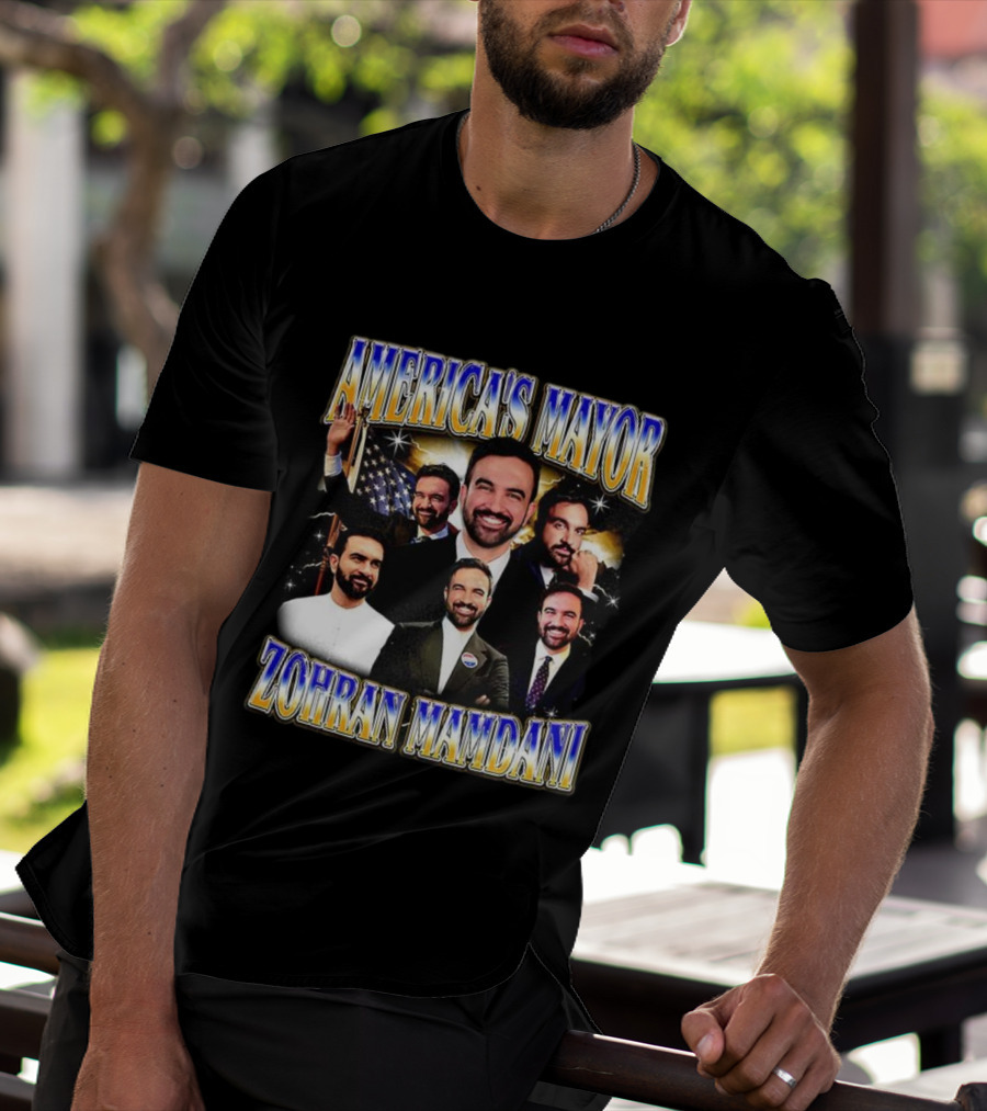 America's Mayor Zohran Mamdani Multiple Portraits With American Flag T-Shirt