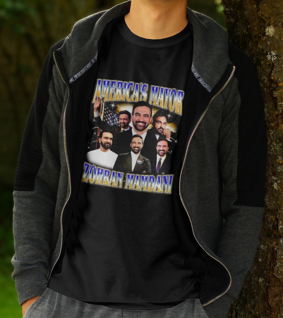 America's Mayor Zohran Mamdani Multiple Portraits With American Flag T-Shirt