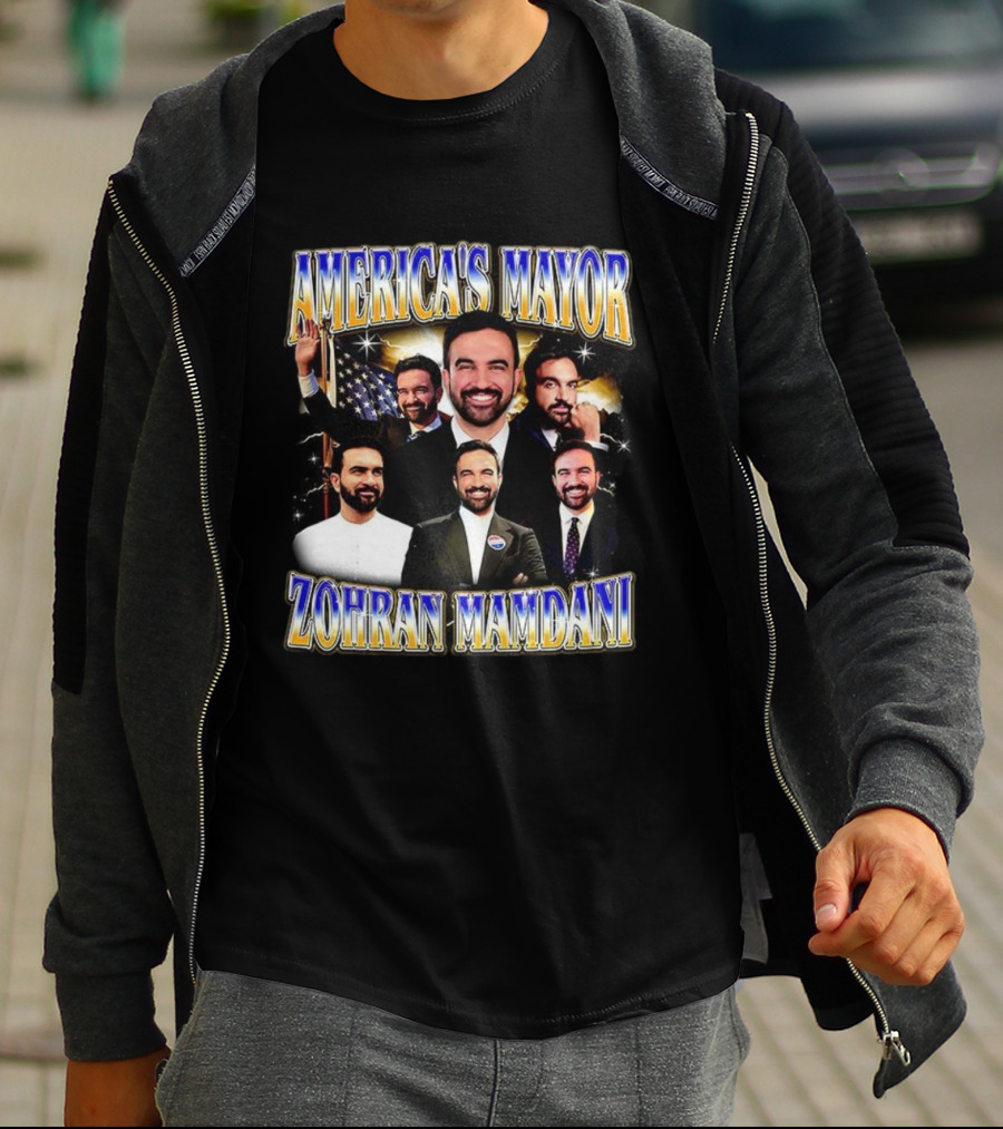 America's Mayor Zohran Mamdani Multiple Portraits With American Flag T-Shirt