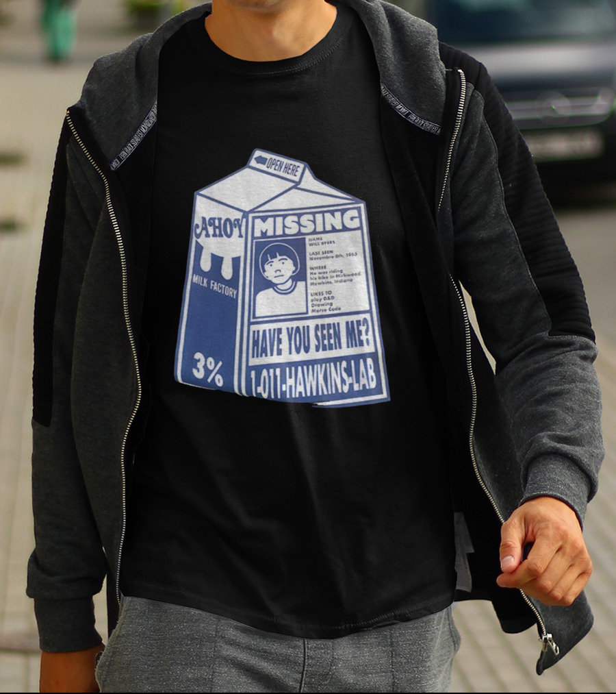 Stranger Things Missing Have You Seen Me 011 Hawkins Lab Ahoy Milk Factory 3 Percent T-Shirt