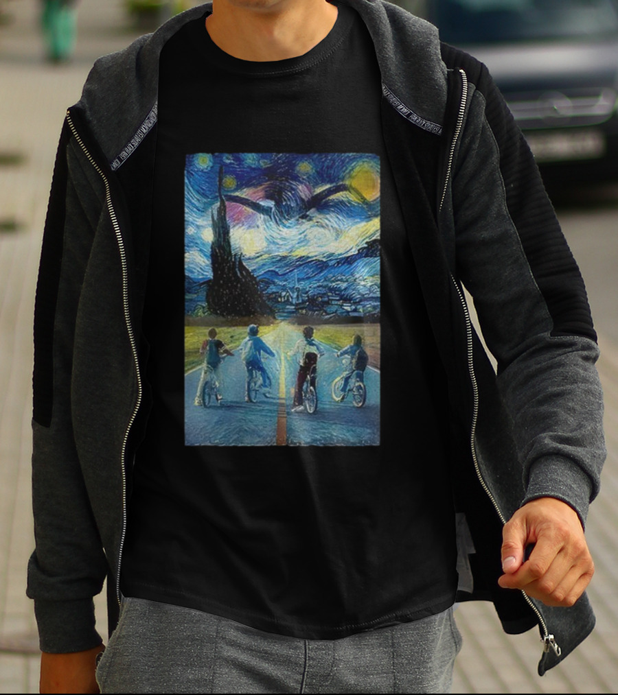 Starry Night Stranger Things Kids On Bikes Van Gogh Style T-Shirt