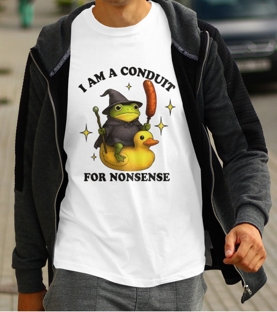 I Am A Conduit For Nonsense Frog On Rubber Duck With Wizard Hat And Sausage Wand T-Shirt