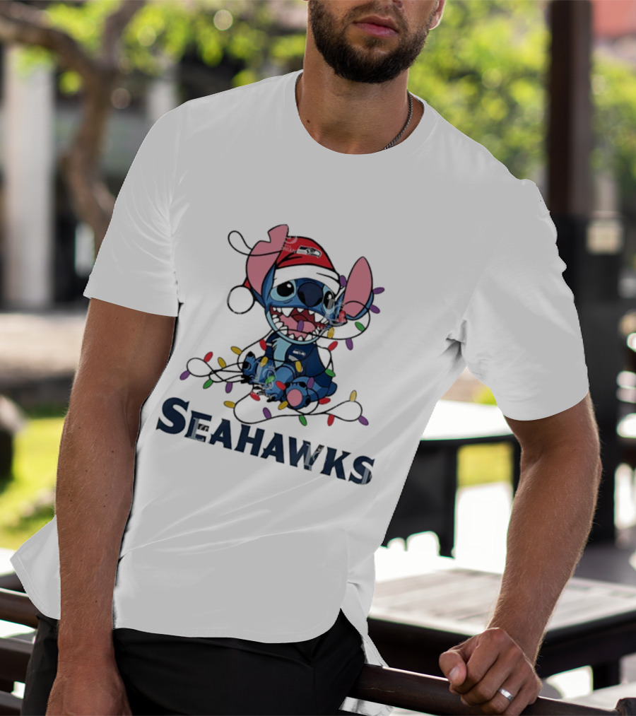 Seattle Seahawks Stitch Christmas Lights T-Shirt