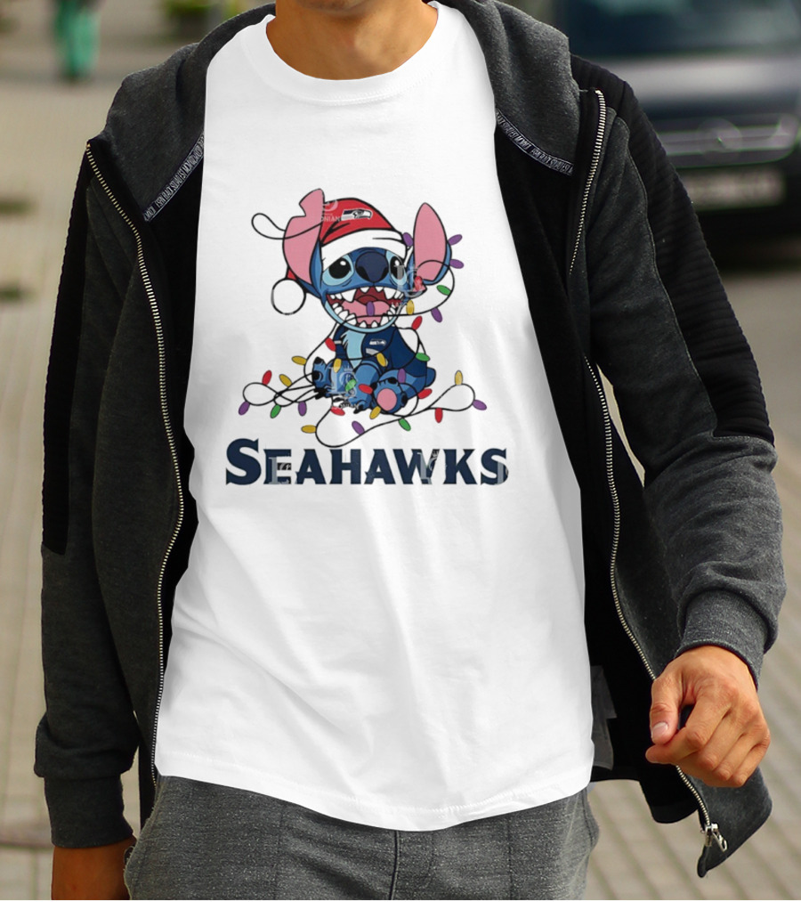Seattle Seahawks Stitch Christmas Lights T-Shirt