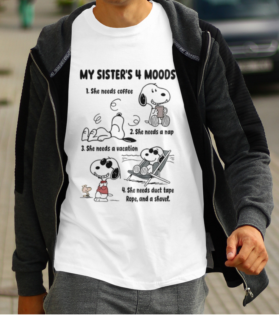 Snoopy My Sister's 4 Moods Coffee Nap Vacation Rope Clown T-Shirt