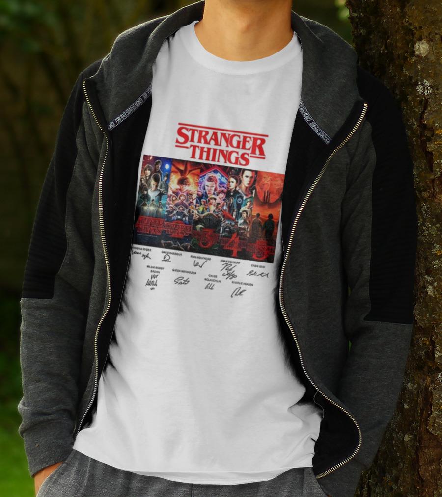 Stranger Things Seasons 1-5 Collage With Cast Signatures And Retro Logo T-Shirt