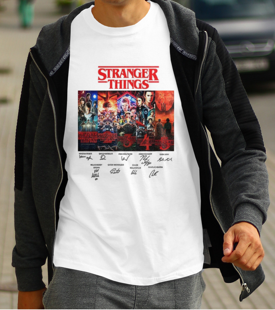 Stranger Things Seasons 1-5 Collage With Cast Signatures And Retro Logo T-Shirt