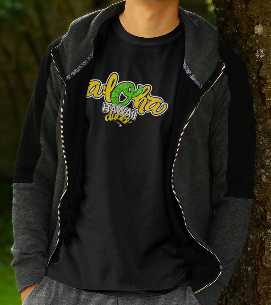 Aloha Hawaii Ducks Text On Green And Yellow T-Shirt
