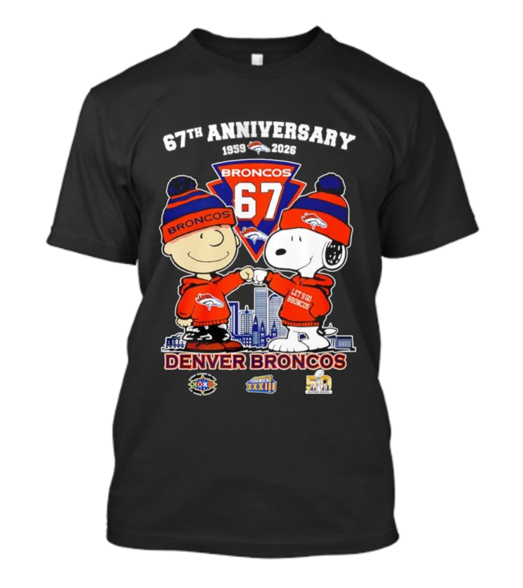 Charlie Brown Snoopy Denver Broncos 67th Anniversary 1959 To 2026 Fist Bump Let's Go Broncos T-Shirt