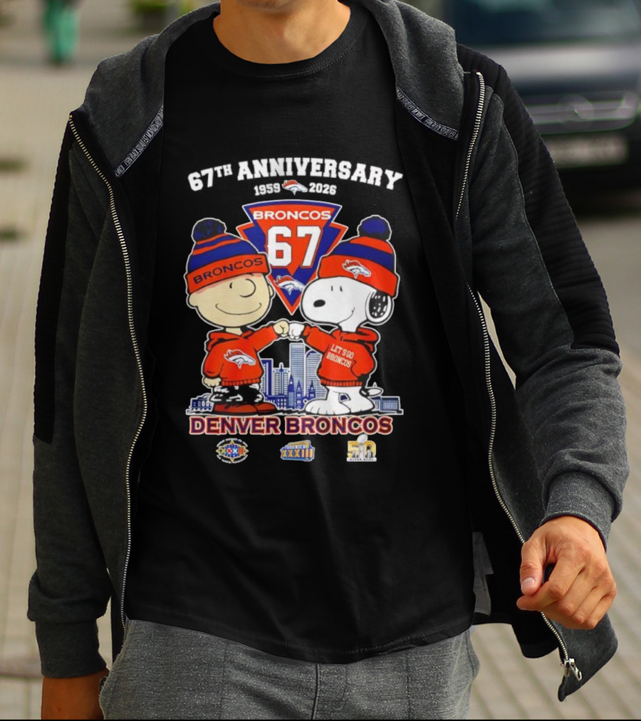 Charlie Brown Snoopy Denver Broncos 67th Anniversary 1959 To 2026 Fist Bump Let's Go Broncos T-Shirt