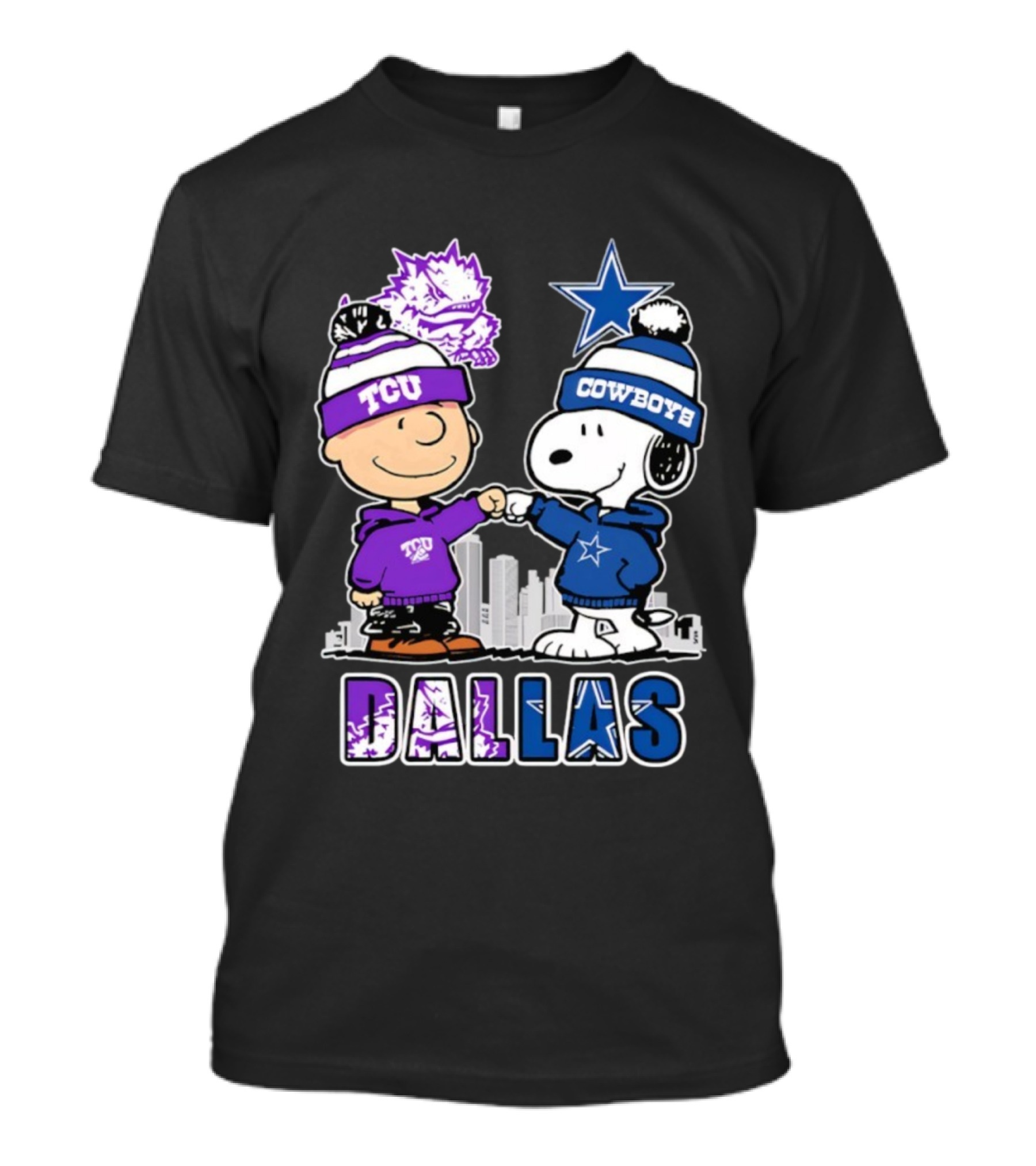 Charlie Brown Snoopy TCU Horned Frogs Dallas Cowboys Fist Bump Skyline T-Shirt