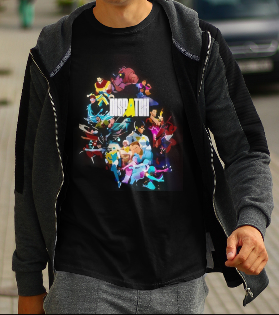 Dispatch Neon Heroes Video Game Characters Vibrant Ensemble T-Shirt
