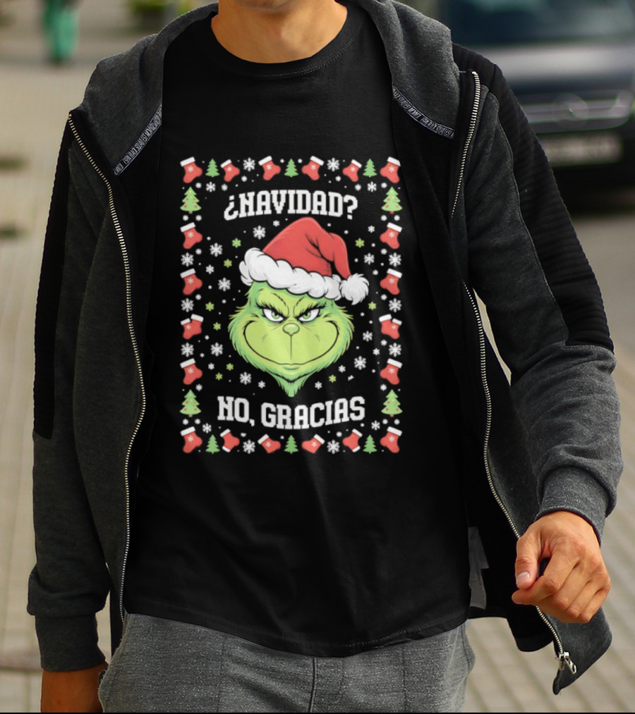 Grinch Navidad No Gracias Christmas Santa Hat T-Shirt