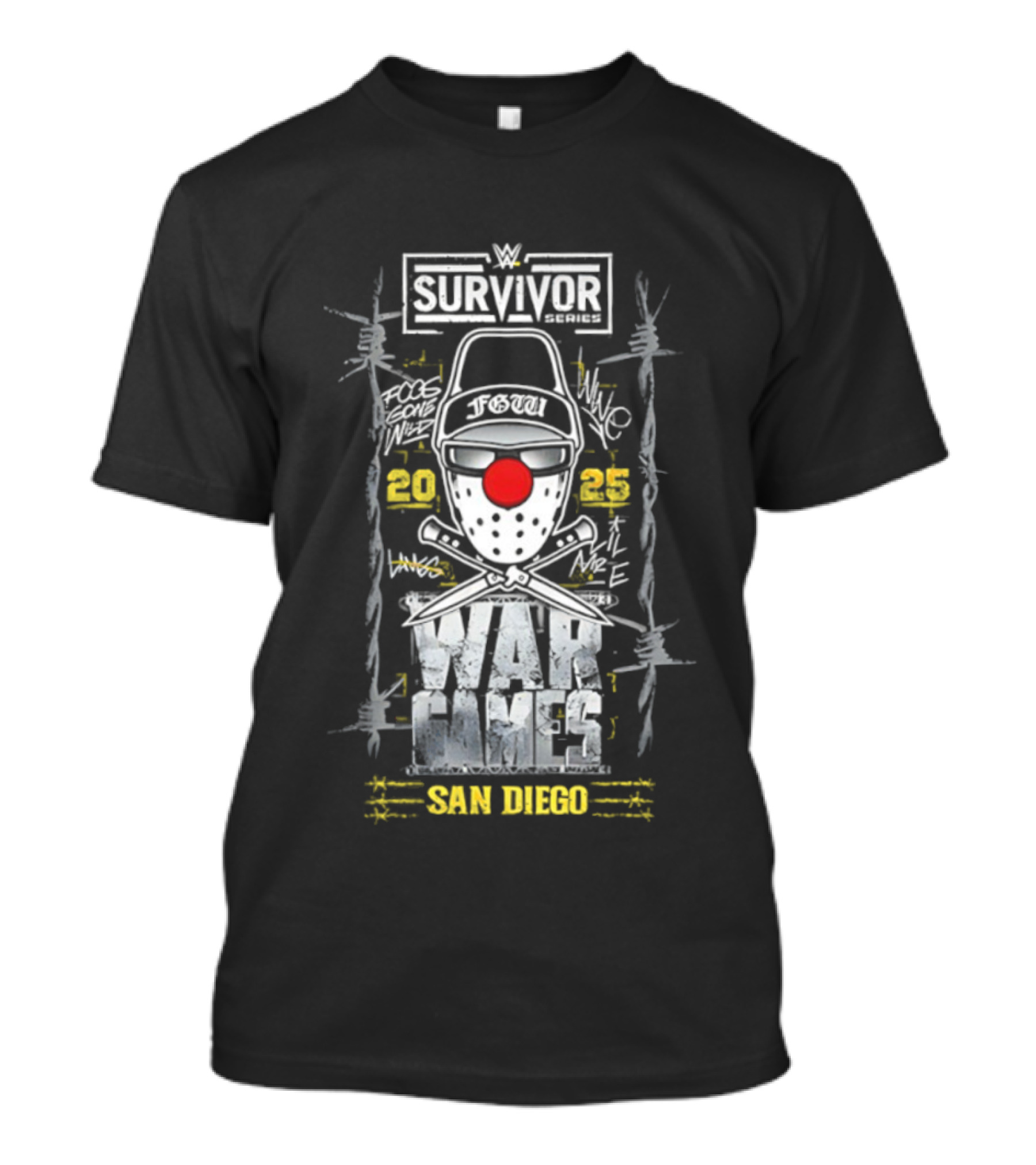 Survivor Series WarGames 2025 San Diego Event WWE Clown Mask Barbed Wire T-Shirt