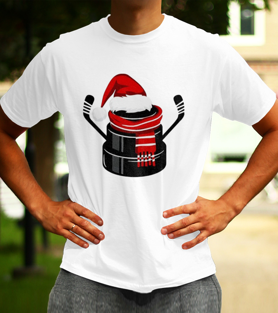 Hockey Puck Santa Hat Merry Christmas Festive Holiday T-Shirt