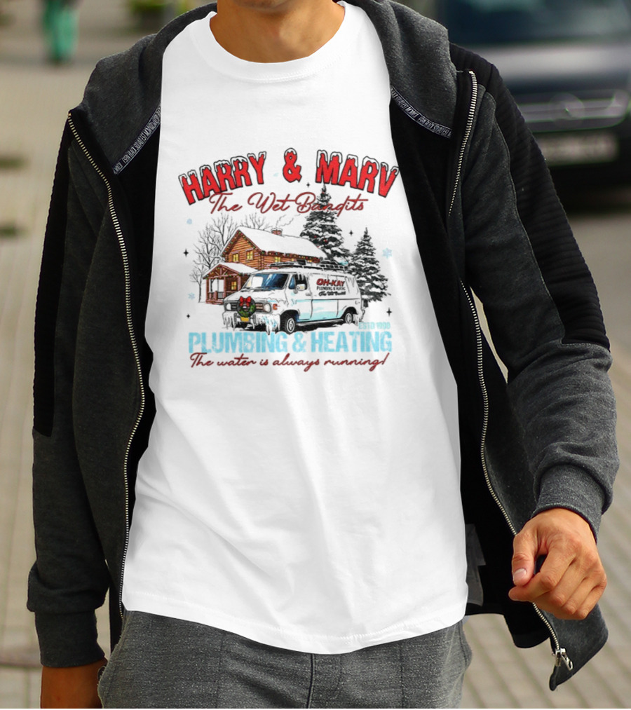 Harry And Marv The Wet Bandits Plumbing And Heating Christmas Winter Cabin Black Van T-Shirt