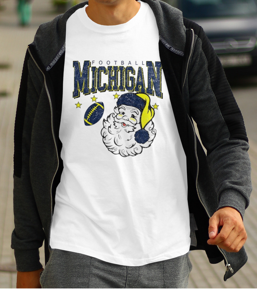 Michigan Wolverines Football Christmas Santa With Stars And Football Design T-Shirt
