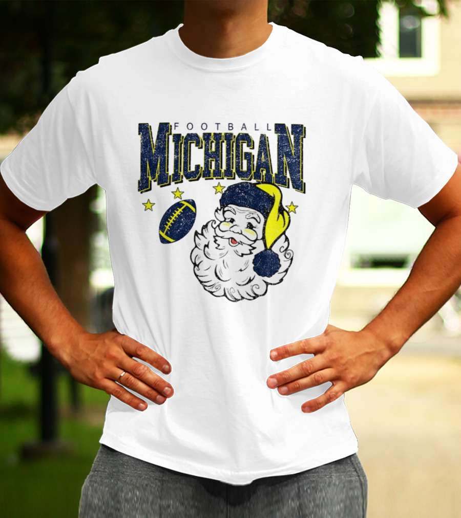 Michigan Wolverines Football Christmas Santa With Stars And Football Design T-Shirt