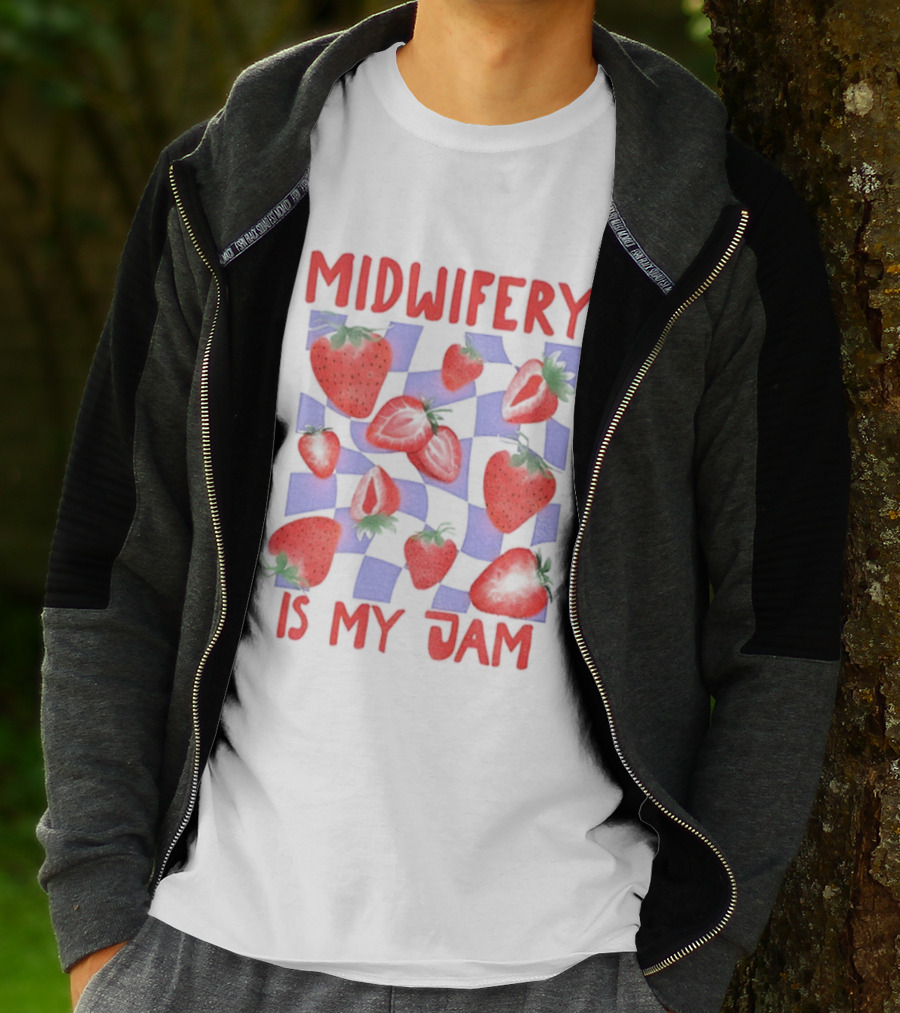 Midwifery Is My Jam Strawberry Pattern T-Shirt