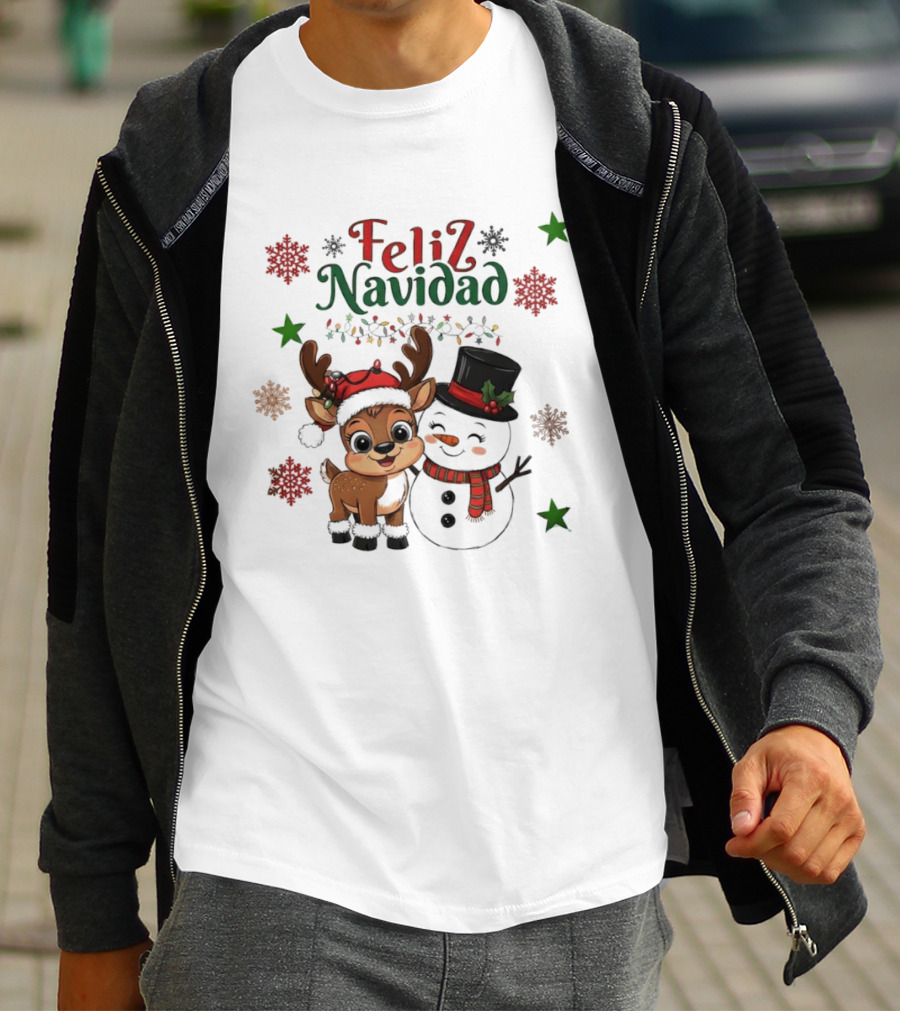 Feliz Navidad Christmas Reindeer And Snowman Holiday Theme T-Shirt