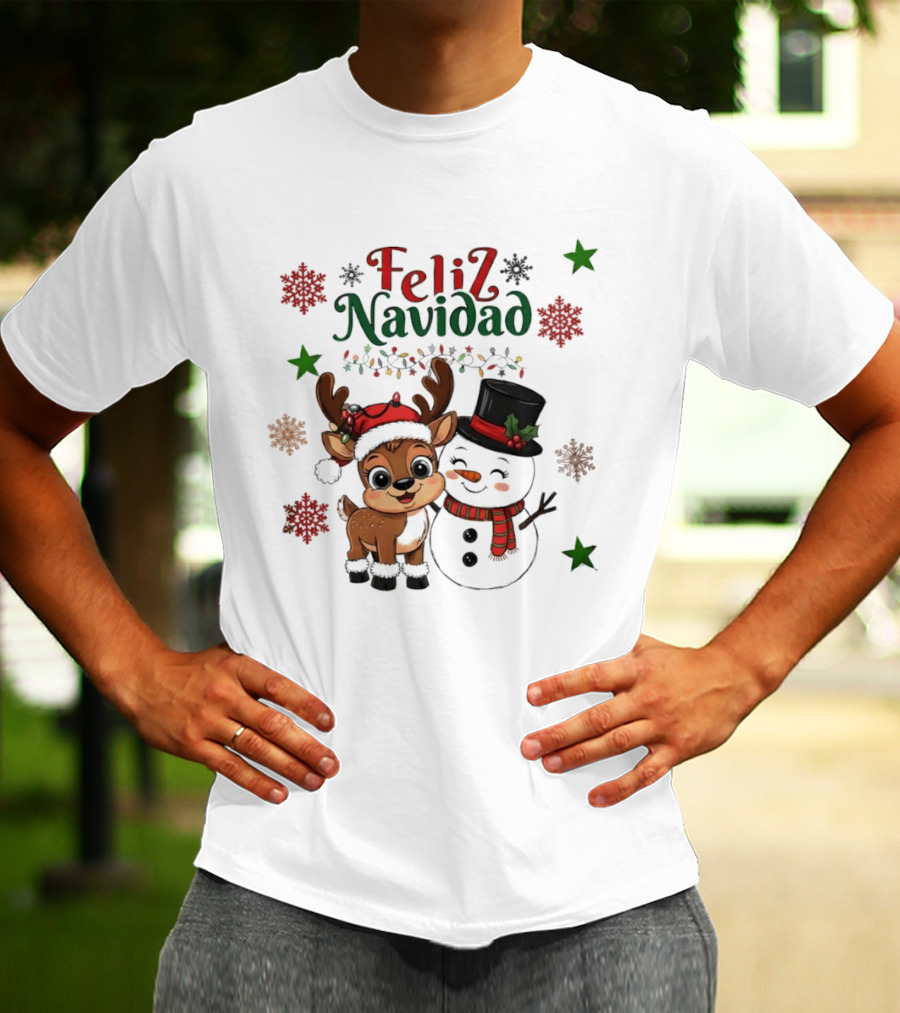 Feliz Navidad Christmas Reindeer And Snowman Holiday Theme T-Shirt
