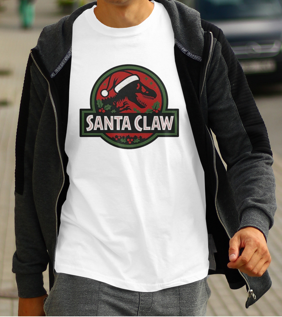 Santa Claw Christmas Dinosaur Jurassic Park Santa Hat Holiday T-Shirt
