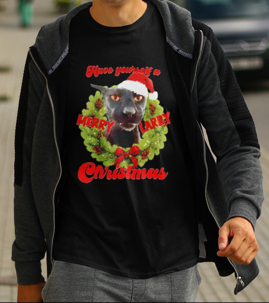 Merry Larry Christmas Black Cat Wreath Santa Hat T-Shirt