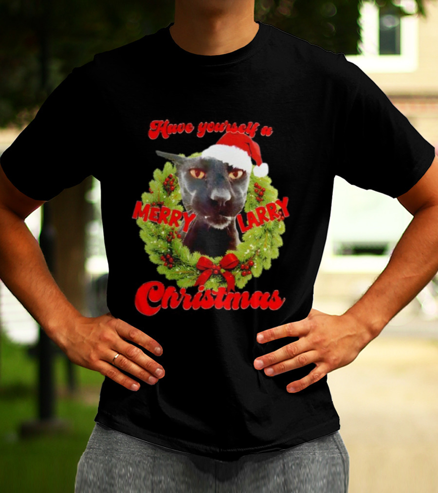 Merry Larry Christmas Black Cat Wreath Santa Hat T-Shirt