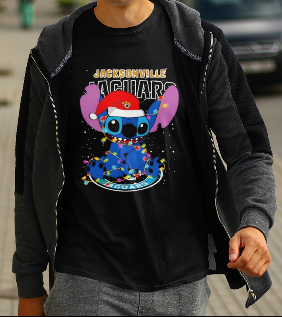 Jacksonville Jaguars Noel Christmas Stitch With Festive Lights And Santa Hat T-Shirt