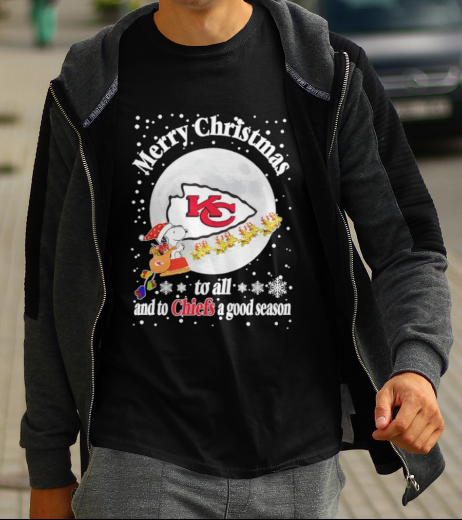 Merry Christmas Kansas City Chiefs To All And To Chiefs A Good Season Snoopy Santa Reindeer Sleigh T-Shirt