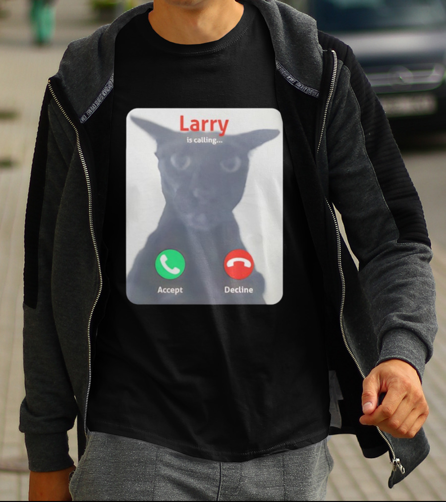 Larry Is Calling Accept Decline Black Cat Face Meme T-Shirt