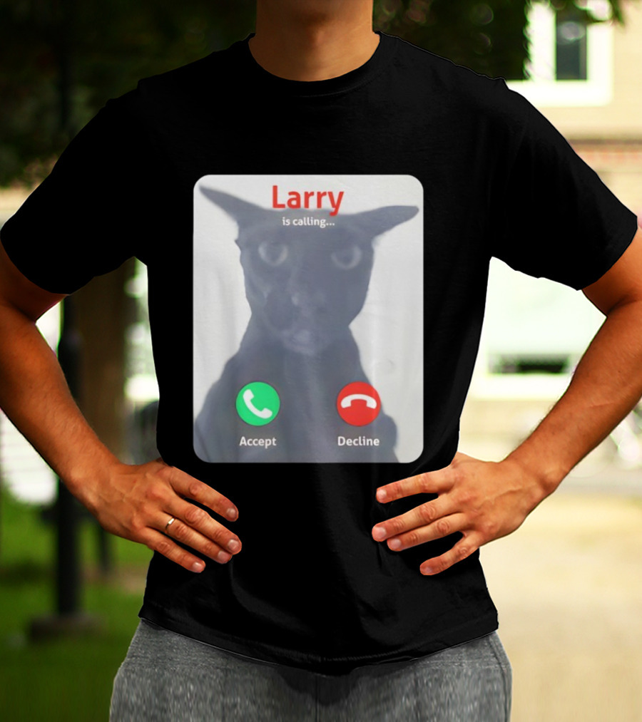 Larry Is Calling Accept Decline Black Cat Face Meme T-Shirt