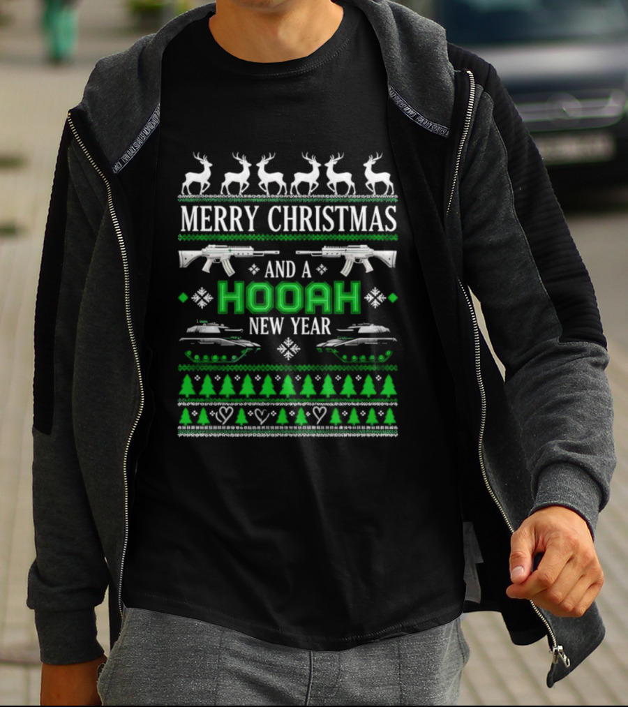 Merry Christmas And A Hooah New Year U.S. Army Tank Rifle Reindeer Trees T-Shirt