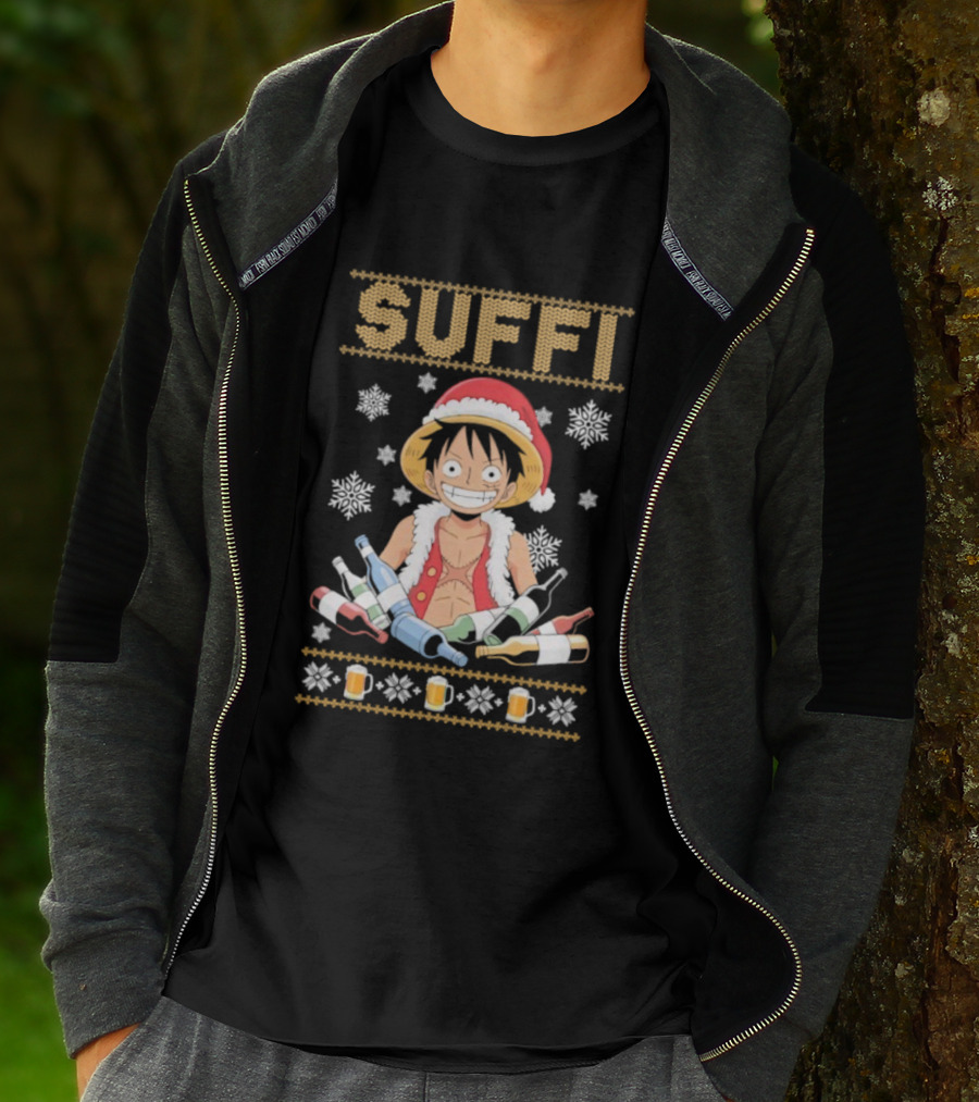 Monkey D. Luffy One Piece Suffi Christmas Santa Hat Beer Bottles Snowflakes T-Shirt