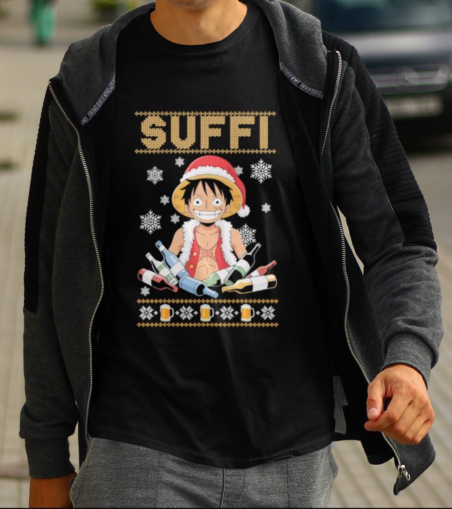 Monkey D. Luffy One Piece Suffi Christmas Santa Hat Beer Bottles Snowflakes T-Shirt