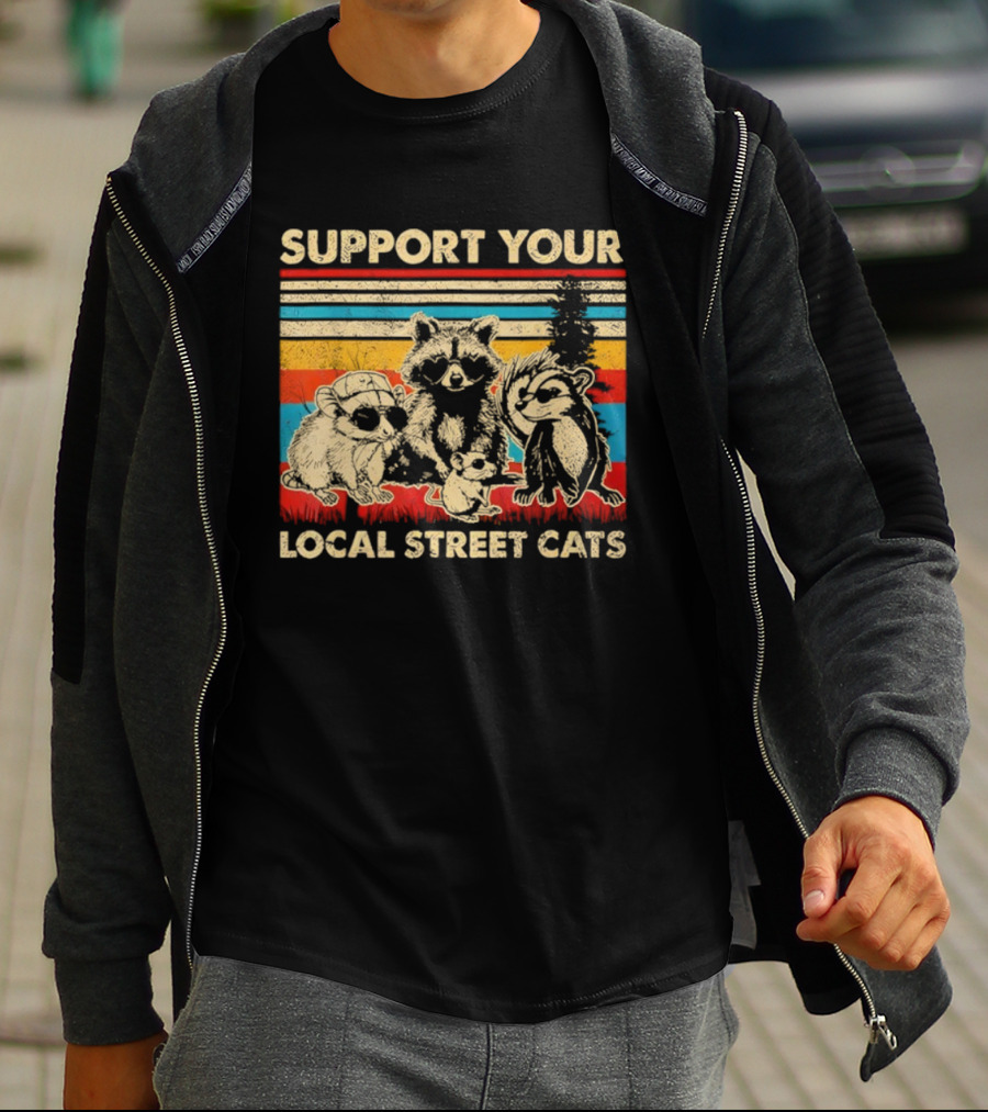 Support Your Local Street Cats Opossum Raccoon Vintage Stripes T-Shirt