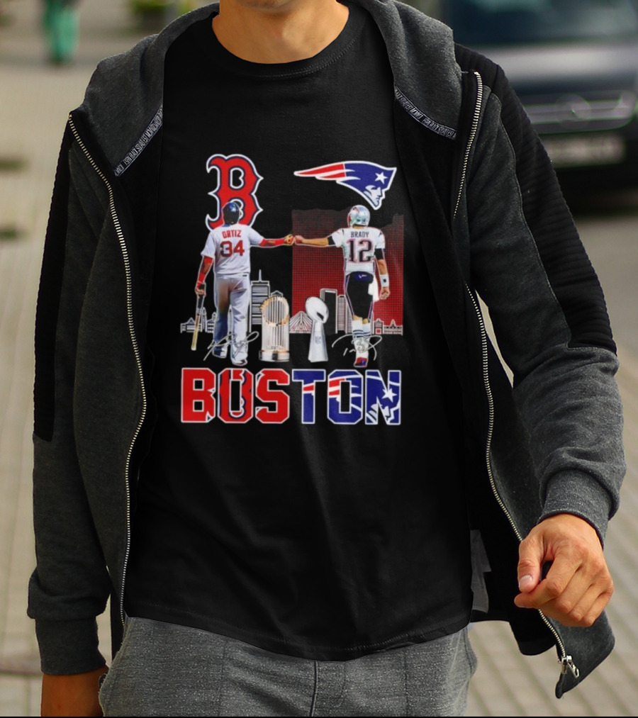 Boston Sports Ortiz Brady Signatures Patriots Red Sox Champions T-Shirt