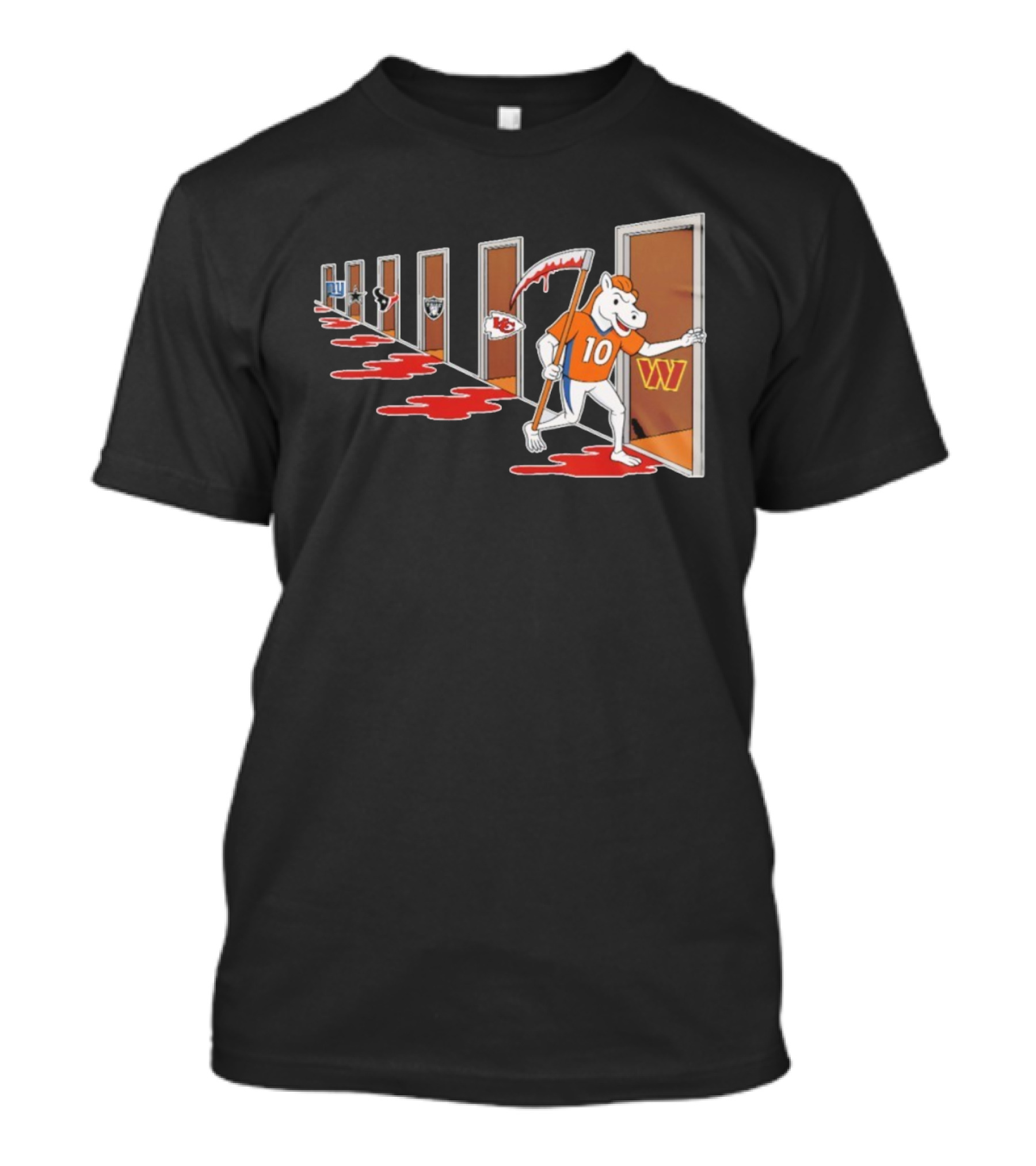 Denver Broncos Mascot With Scythe Visits NFL Rivals Giants Texans Raiders Chiefs Commanders With Bloody Doors T-Shirt