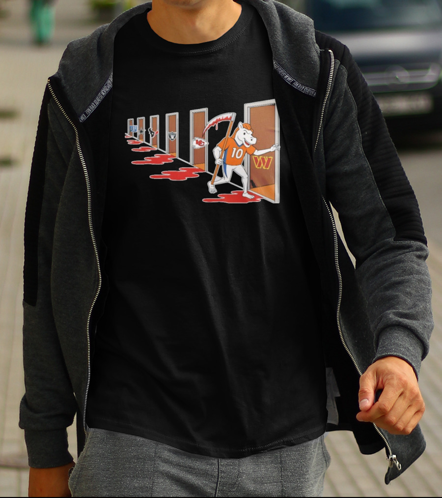 Denver Broncos Mascot With Scythe Visits NFL Rivals Giants Texans Raiders Chiefs Commanders With Bloody Doors T-Shirt