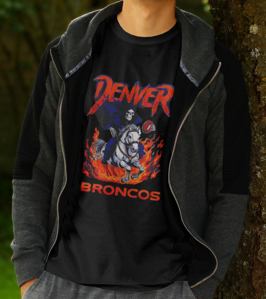 Denver Broncos Grim Reaper Skeleton Horse Football Flame Rider T-Shirt