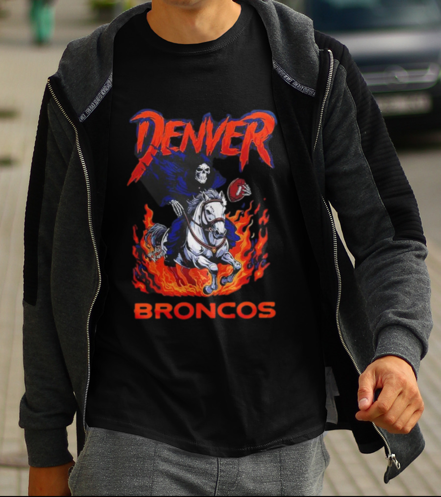 Denver Broncos Grim Reaper Skeleton Horse Football Flame Rider T-Shirt