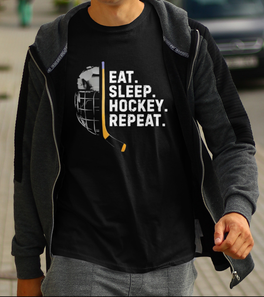 Eat Sleep Hockey Repeat Funny Cool Hockey Player Stick And Goalie Mask T-Shirt