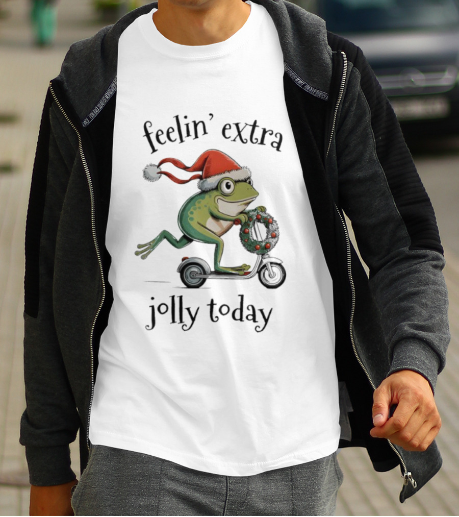 Feelin' Extra Jolly Today Frog Santa Hat Christmas Wreath Scooter T-Shirt