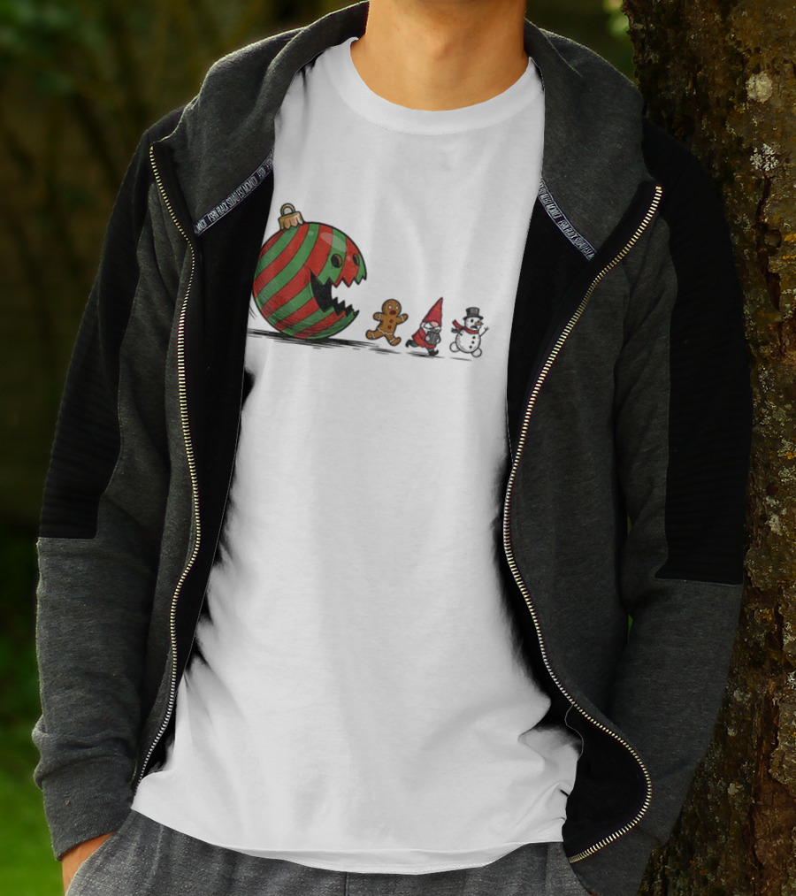 Pac-Man Christmas Gingerbread Gnome Snowman Santa Holiday Fun T-Shirt