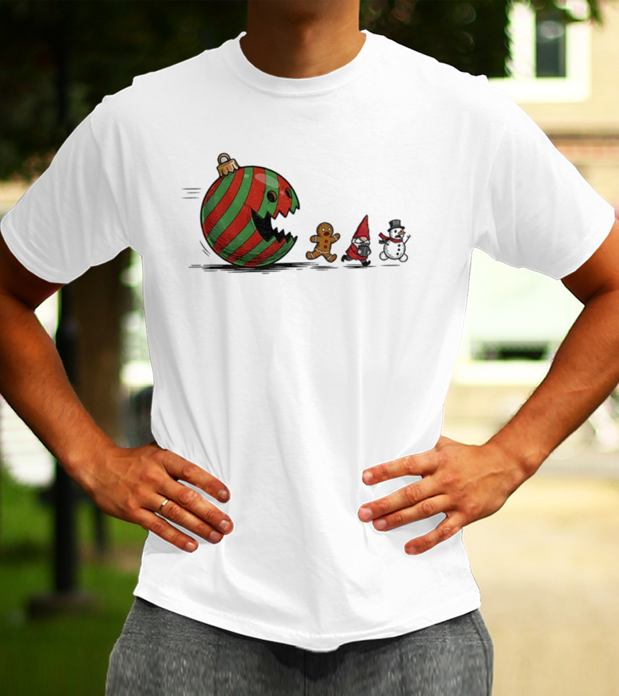 Pac-Man Christmas Gingerbread Gnome Snowman Santa Holiday Fun T-Shirt
