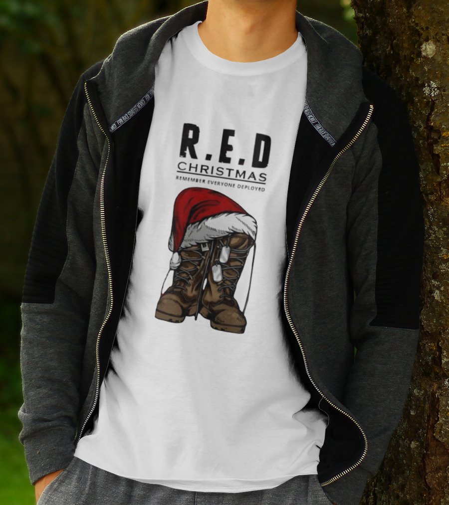 Red Christmas Santa Hat Boots Remember Everyone Deployed T-Shirt