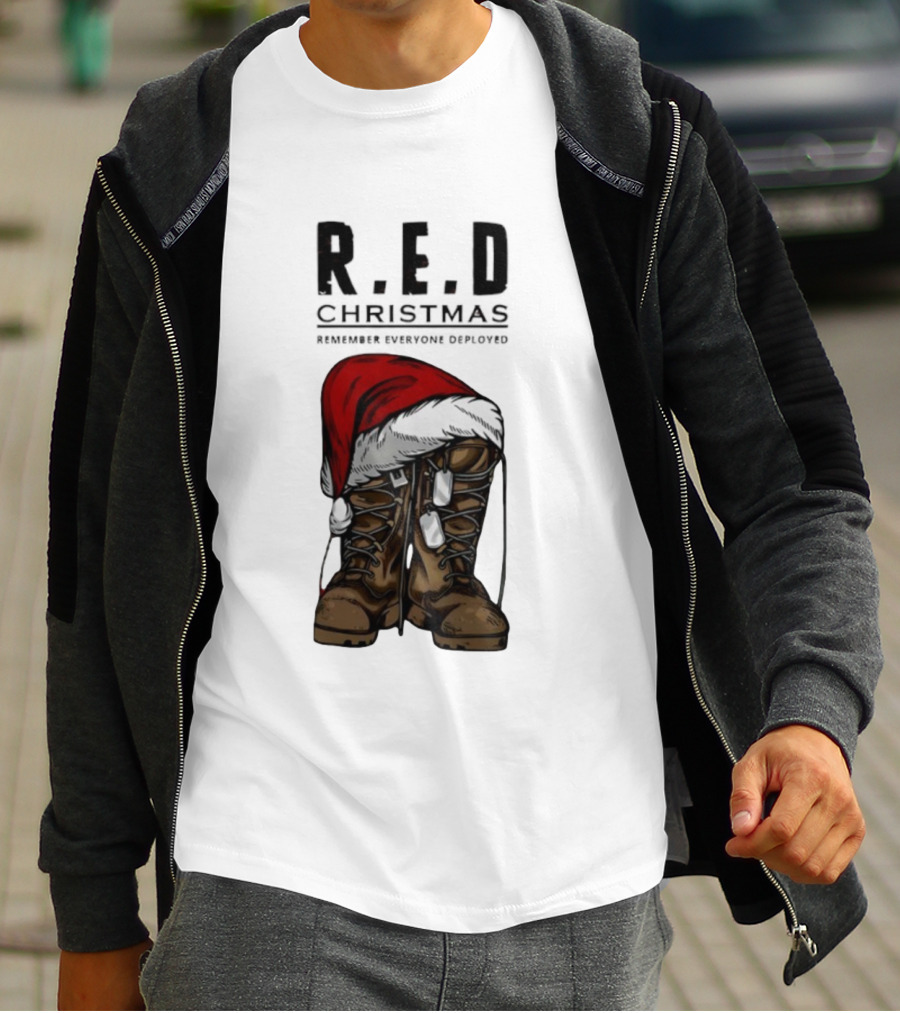 Red Christmas Santa Hat Boots Remember Everyone Deployed T-Shirt