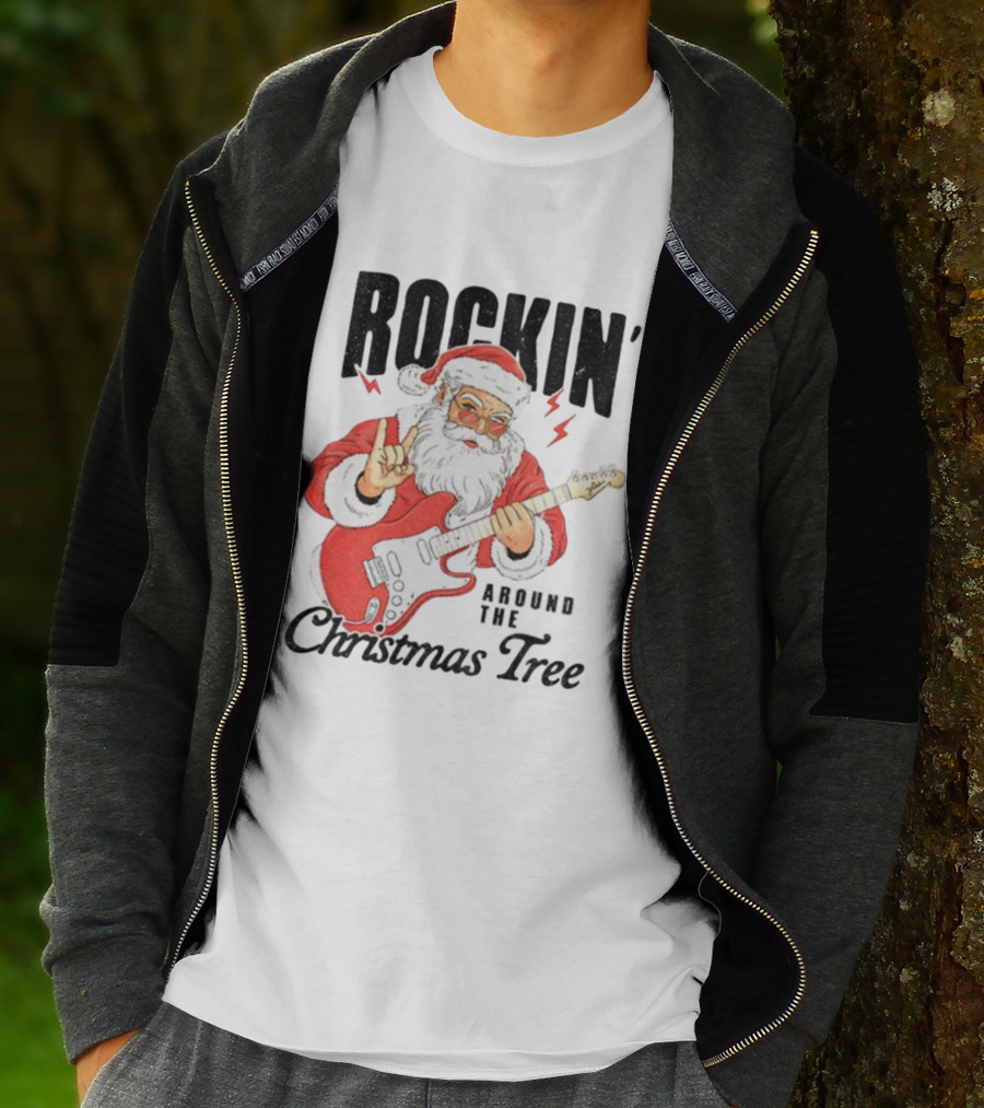 Rockin' Santa Claus Playing Guitar Around The Christmas Tree Merry Christmas T-Shirt